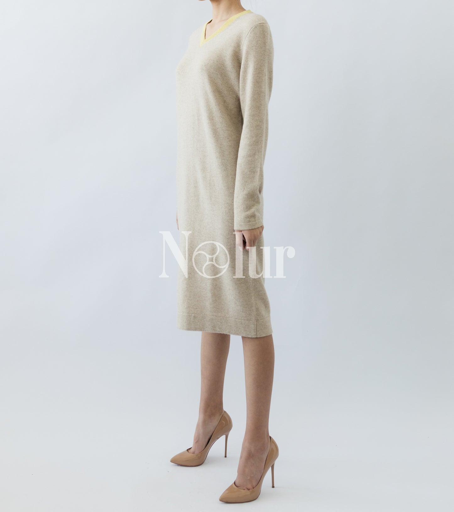 Pure Cashmere Dress with Neck Stripe Glitters