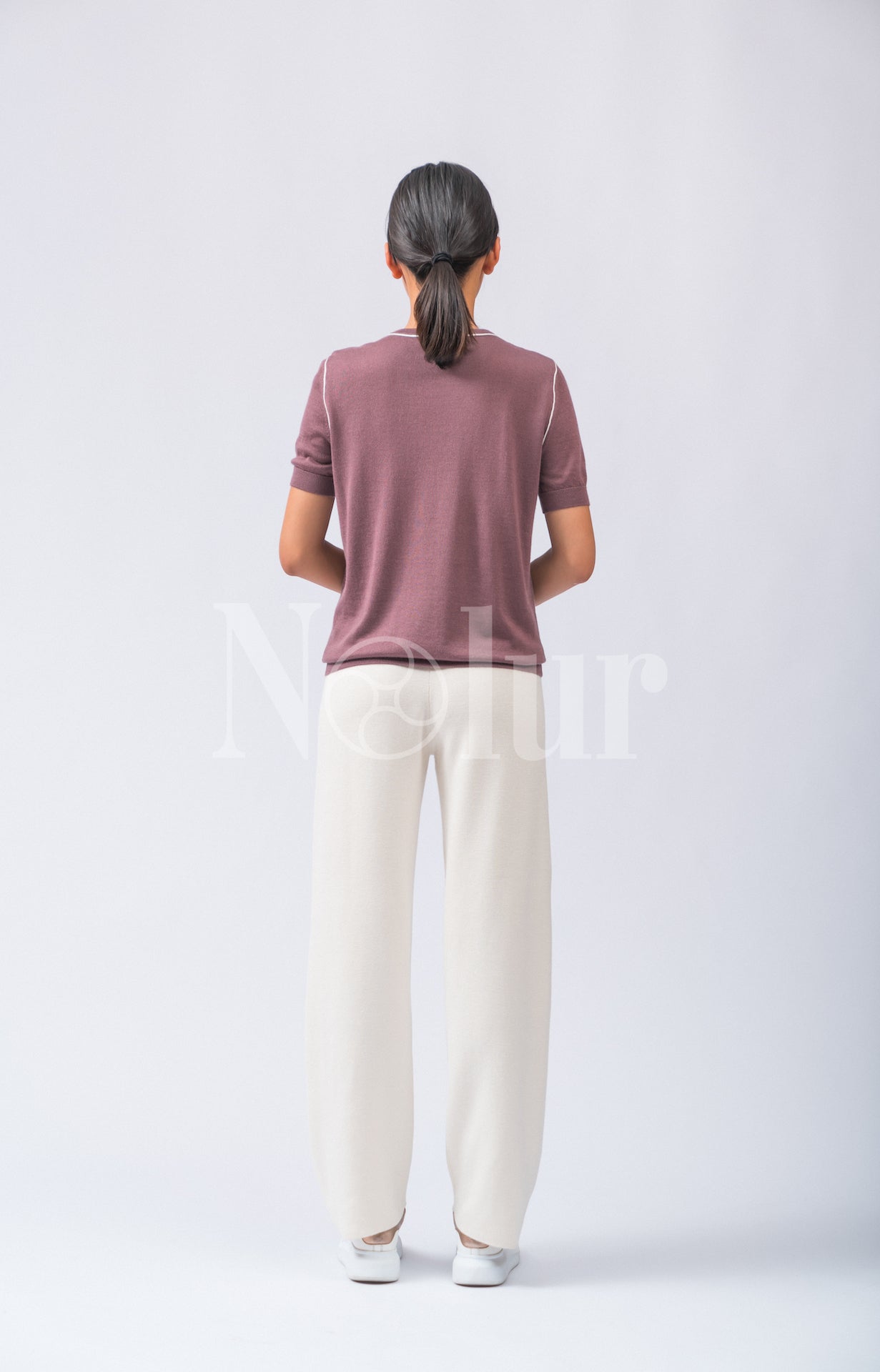 Silk and Cashmere Blended Short Sleeve C-neck Sweater with Stripes