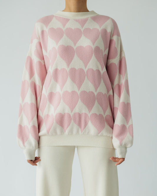 Pure Cashmere Heart Patterned C-neck Sweater