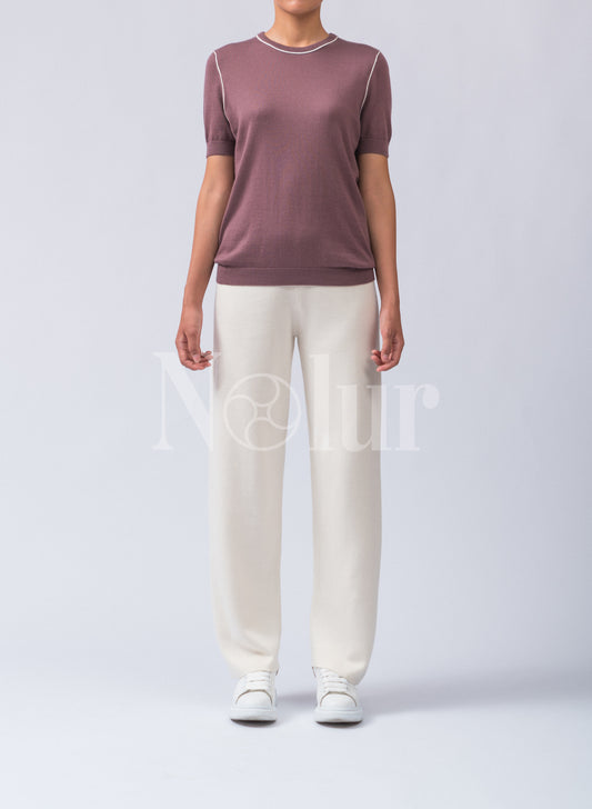 Silk and Cashmere Blended Short Sleeve C-neck Sweater with Stripes
