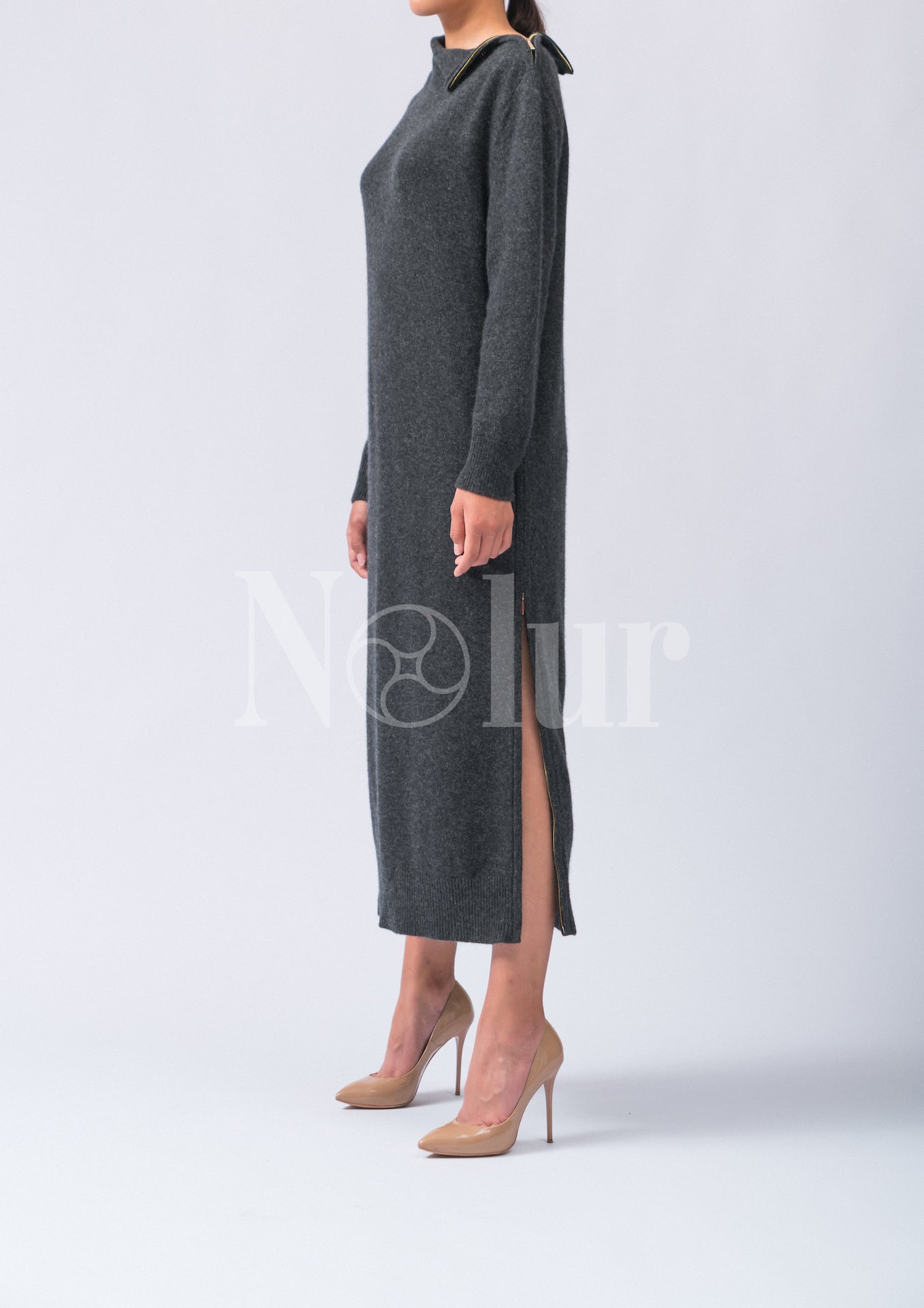 Pure Cashmere Dress with Slits and Metal Zips