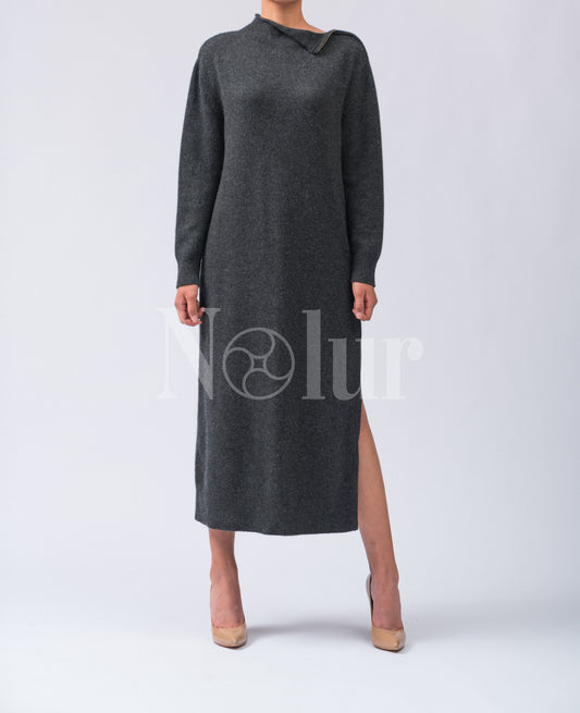 Pure Cashmere Dress with Slits and Metal Zips